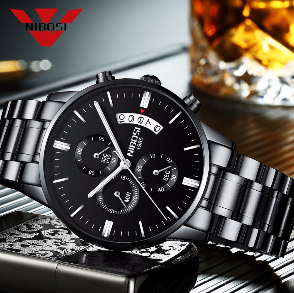 Luxury Watch Magazine - NIBOSI สแตนเลสสีดำนาฬิกาควอตซ์ Luxury Chronograph นาฬิกาข้อมือชาย Relogio