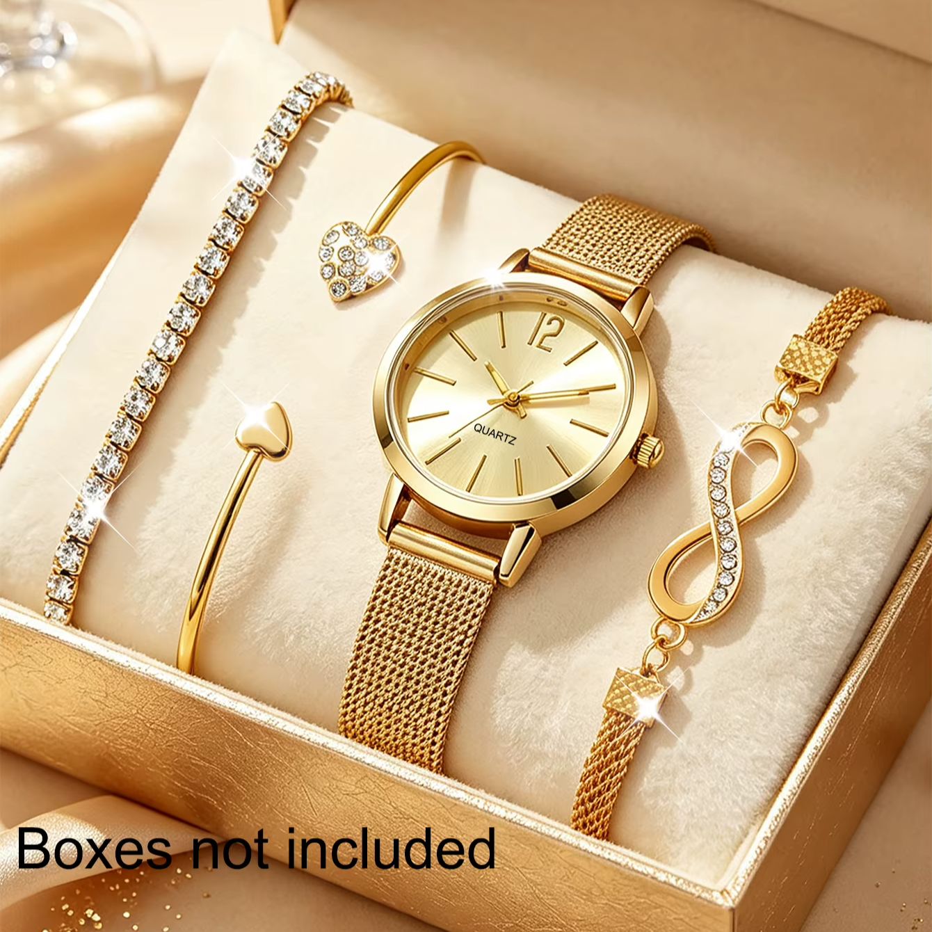 Luxury Watch Gift For Her - ชุดนาฬิกาข้อมือทรงกลมดีไซน์เรียบหรูสำหรับผู้หญิง 4 เรือน พร้อมชุดเครื่องประดับสีทอง เหมาะสำหรับใส่ในชีวิตประจำวัน นาฬิกาคู่รัก