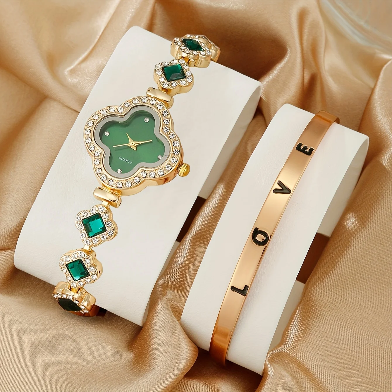Luxury Watch Gift For Her - 2ชิ้น/ชุดนาฬิกาผู้หญิงนาฬิกาควอตซ์เข็มโคลเวอร์พลอยเทียมหรูหราสายรัดเหล็กกำไลข้อมือนาฬิกาข้อมือข้อมือและความรักเป็นของขวัญสำหรับผู้หญิง