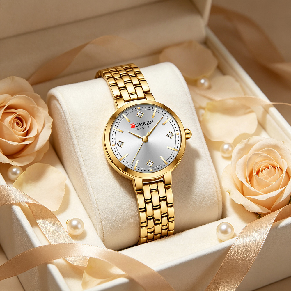 Luxury Watch Gift For Her - CURREN นาฬิกาข้อมือผู้หญิงสไตล์มินิมอลบางเฉียบ ประดับด้วยเพชรระยิบระยับ หรูหรา นาฬิกาควอตซ์ ของขวัญสำหรับเธอ